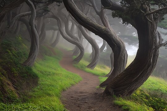 Mysterious foggy forest path lined with twisted ancient trees and lush green undergrowth