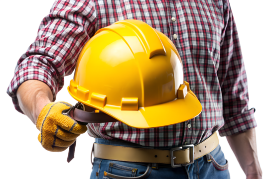 Closeup of a construction worker holding a yellow hard hat and wearing protective gloves isolated on transparent background