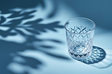  a crystal drinking glass casts a dramatic shadow on a blue surface