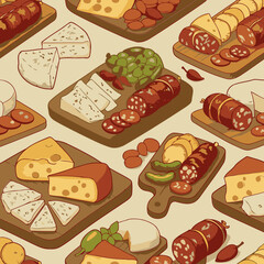 Cheese and cured sausage platter assortment on wooden boards. Colorful display of various cheeses and cured sausages arranged on wooden cutting boards, with accompanying accompaniments.