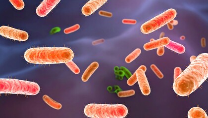 A 3D illustration displays various rod-shaped bacteria in vibrant hues of orange and pink, showcasing their detailed structure and dynamic movement against a soft purple background.