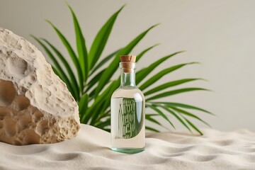 a clear bottle of liquid with a cork stopper sits on sand with tropical leaves and rocks