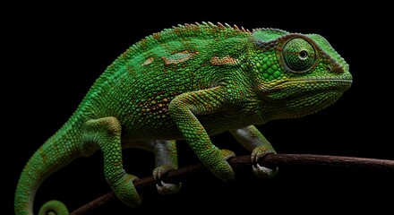 Vibrant Green Chameleon Perched on Branch in Dark Background
