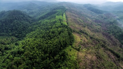 Obraz premium A vast landscape showcases a striking contrast between lush green forests and recent deforestation.