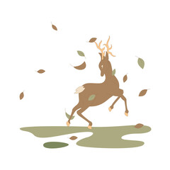 Graceful deer with antlers leaps through falling autumn leaves in a stylized natural scene