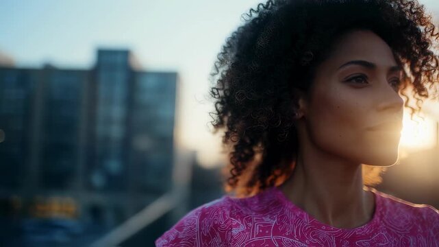 Focused athletic woman displays large fibroid graphics underscoring years of overlooked symptoms and promoting uterine advocacy while the surrounding environment fades softly out