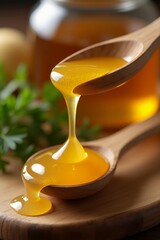 Honey dripping from a wooden spoon, close-up view.