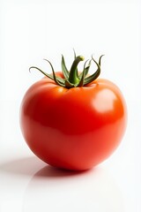 A close-up studio shot of a perfectly ripe, red tomato with green stem.