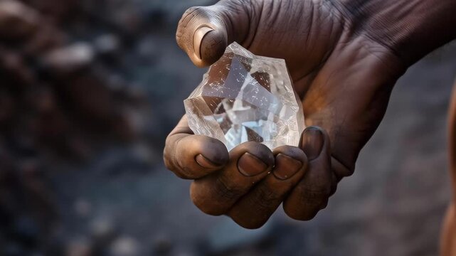 A hand holding a large crystal. The crystal is clear and shiny. The hand is dirty and the person is wearing a black shirt