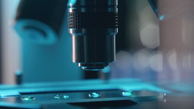 Close up shot of glass slide with droplets being adjusted under microscope objective lens during detailed examination in clinical laboratory with blue illumination