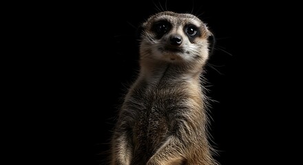 Fototapeta premium Cute Meerkat Sitting Upright in Dark Background with Focused Expression