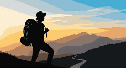 Silhouette of a Hiker with Backpack at Sunset in the Mountains Achieving Goals and Enjoying the Outdoors