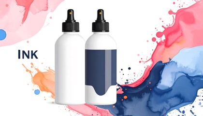 Two white bottles of ink with dark labels.