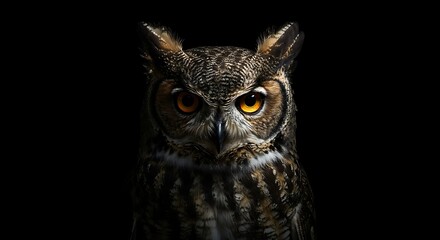 Close-up of a Stern Brown and White Owl with Bright Eyes in Dark Environment