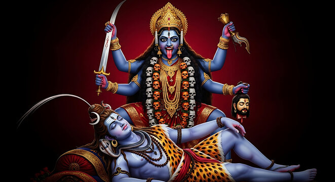 Kali trampling Shiva holding sword and severed head