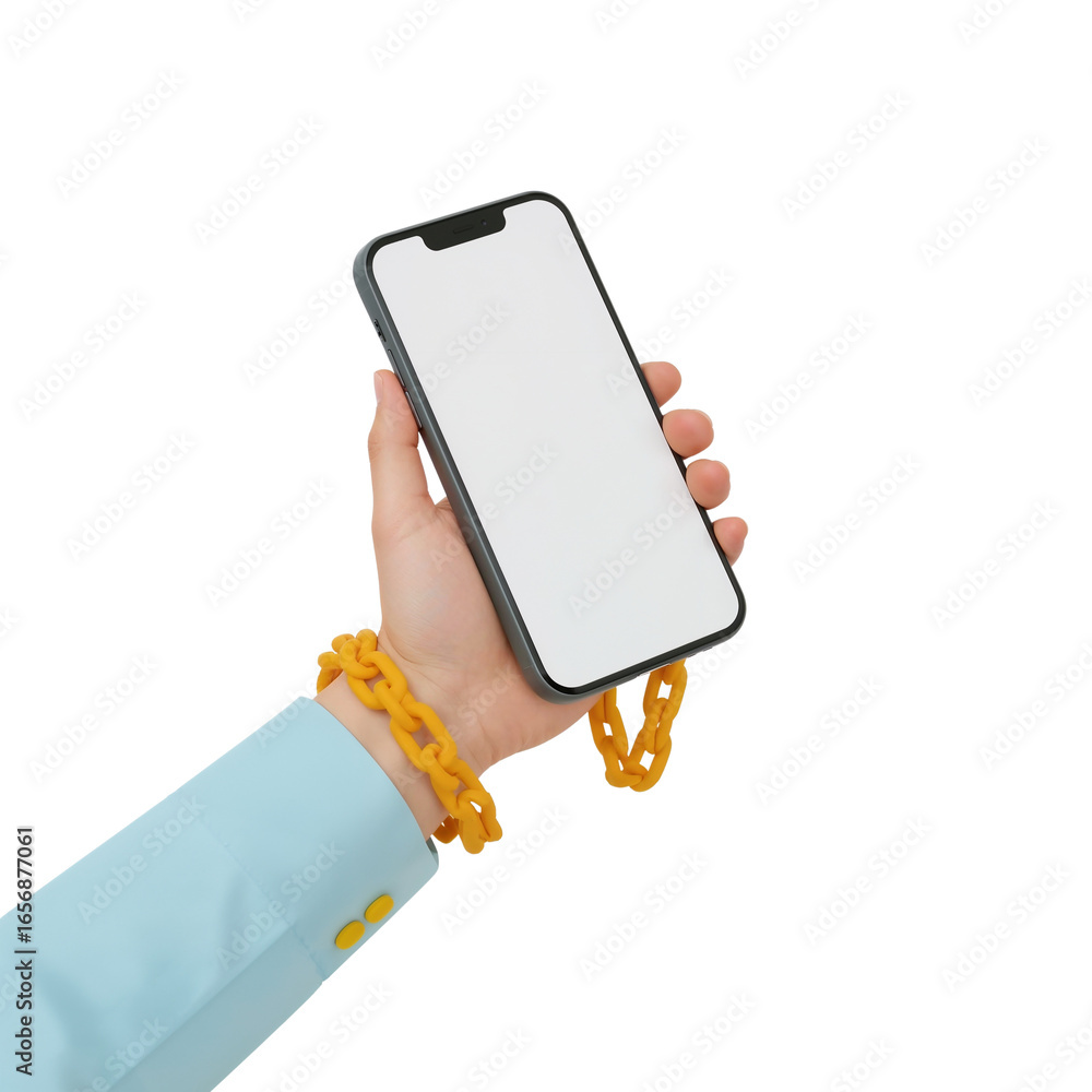 Poster hand holding mobile device featuring a blank display for content insertion on isolated backdrop