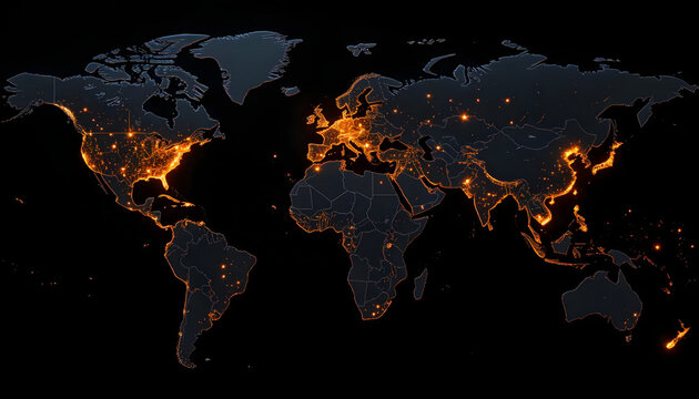 World map city lights population density earth continents countries atlas view