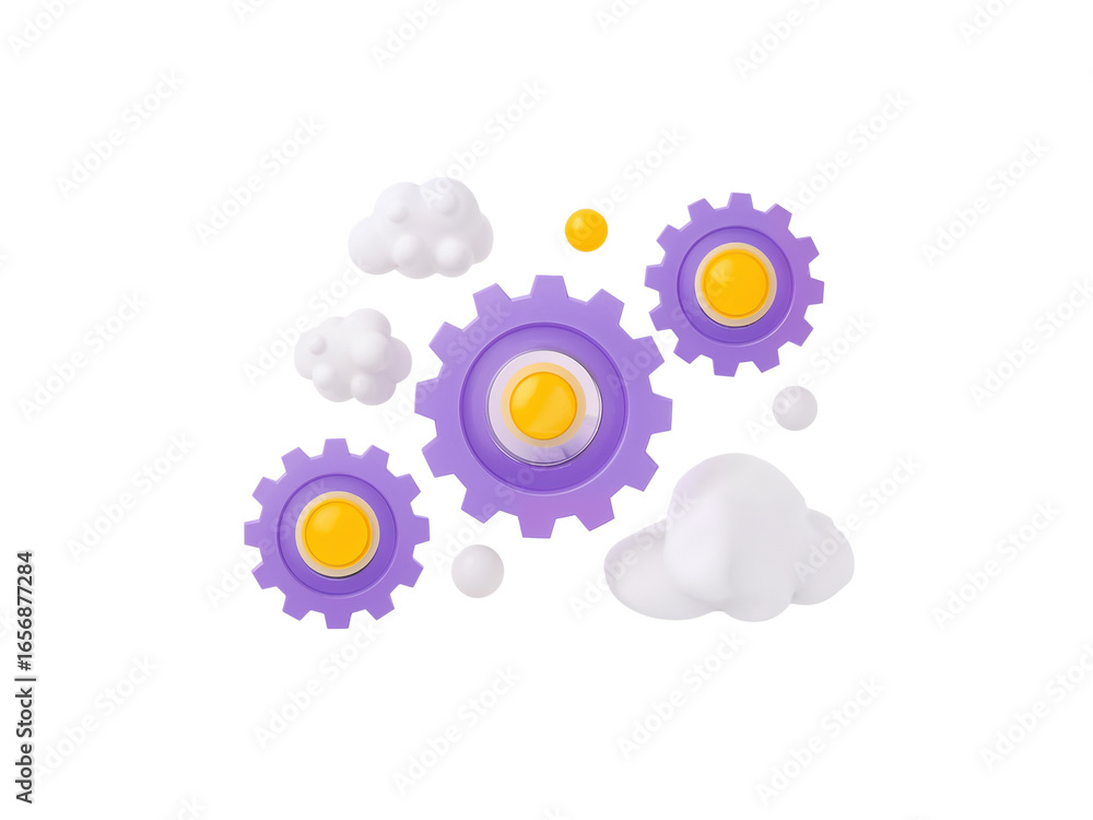 Poster whimsical automation with pastel gears and fluffy clouds on an isolated background