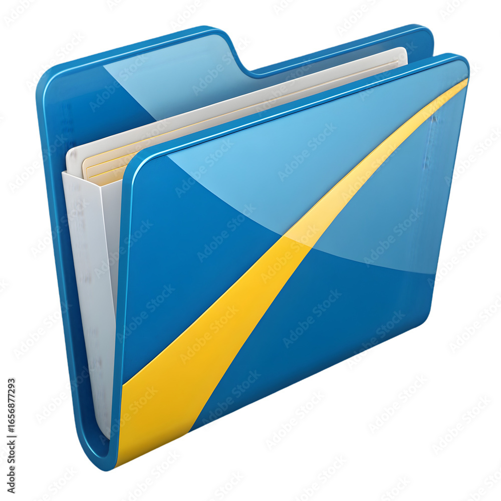 Poster blue folder with yellow stripe and white paper inside isolated on a transparent background image png