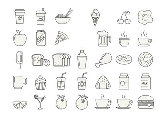Vector illustration of assortment of handdrawn food and drink icons including meals, snacks, and beverages