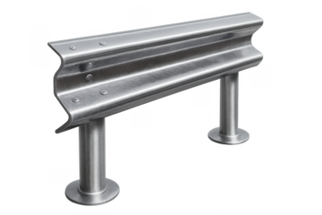 Metal road barrier reflecting light on transparent background