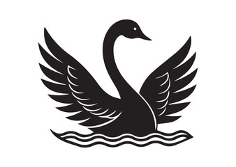 Obraz premium Swan on water with wings spread out black vector white background