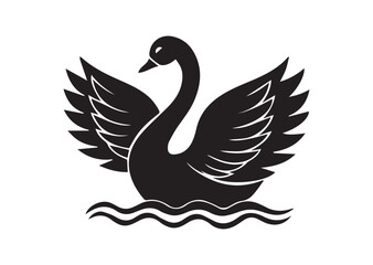 Obraz premium Swan on water with wings spread out black vector white background