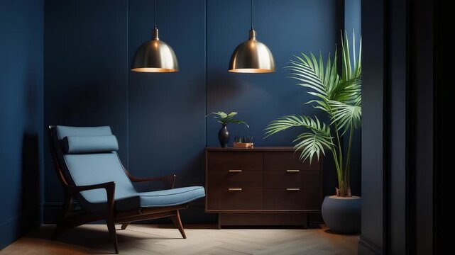 Modern interior with stylish blue armchair, wooden cabinet, golden pendant lights, and green potted palm creating cozy elegant home atmosphere