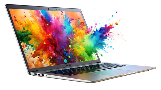 Laptop with vibrant color explosion on screen isolated on transparent background, showcasing modern technology and creative digital design