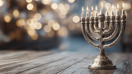 Fototapeta premium silver Hanukkah menorah on an empty table. Web banner with copy space on the right. Hanukkah greeting card, poster. Jewish holiday.