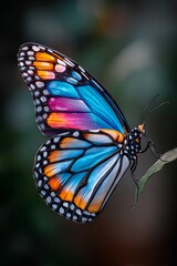 Obraz premium A stunning, stylized close-up photograph of a butterfly with vibrant wings showcasing a beautiful palette of orange, pink, purple, and blue hues, with a blurred natural background.