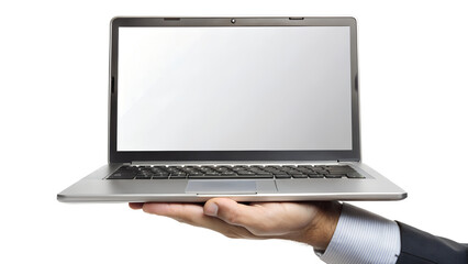 Hand holding a laptop with a blank screen isolated on transparent background, perfect for showcasing your designs and applications