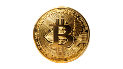 Golden bitcoin coin isolated on transparent background representing digital cryptocurrency and decentralized financial technology