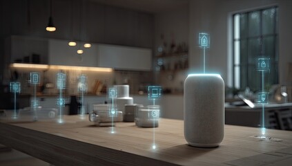 Smart home kitchen scene with futuristic overlay