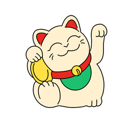 Maneki Neko lucky cat with gold coin and red collar waving in a welcoming gesture, symbolizing good fortune and prosperity in Japanese culture