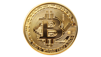 Golden bitcoin coin, a digital cryptocurrency, isolated on transparent background, representing the future of finance and investment