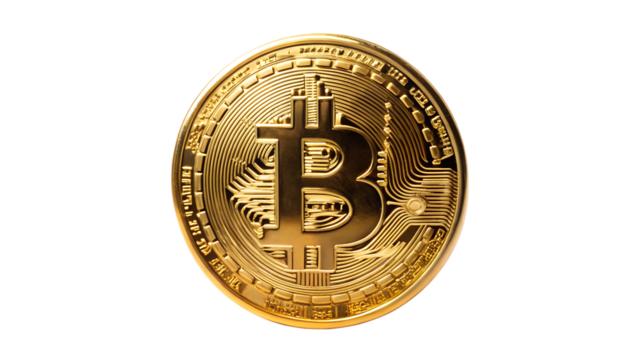 Golden bitcoin coin isolated on transparent background representing digital cryptocurrency and decentralized financial technology