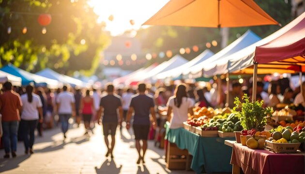 Sunny outdoor market with bustling crowd.
