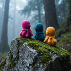 Three knitted figures on moss-covered rock