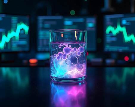 Biotech investment concept, glowing molecules in glass with charts