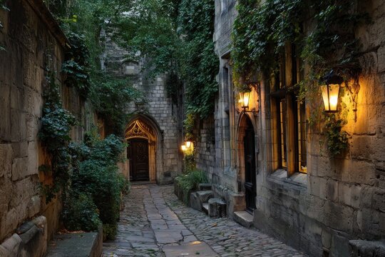 Old stone alleyway at dusk - Powered by Adobe