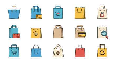 Variety of Shopping Bags Icons for Retail and ECommerce Concepts Depicting Different Payment Options and Product Categories