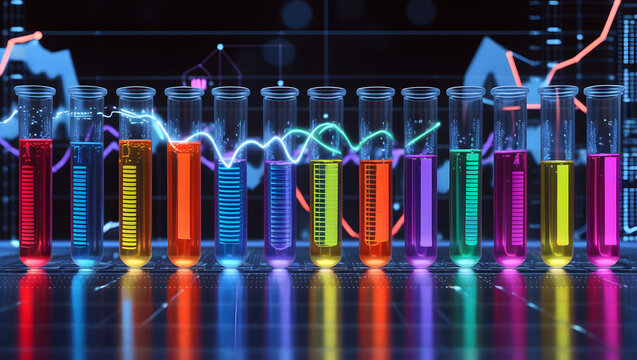 Lab test tubes with data graph, scientific research results