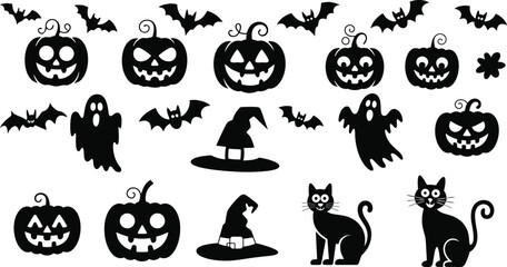 Obraz premium Halloween silhouette icon set. Jack o' lantern, ghost, bat, witch hat and black cat vector illustration. Spooky holiday graphic design elements.