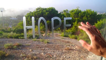 Hopeful words are written on a misty window, reaching out to a landscape of lush green trees.