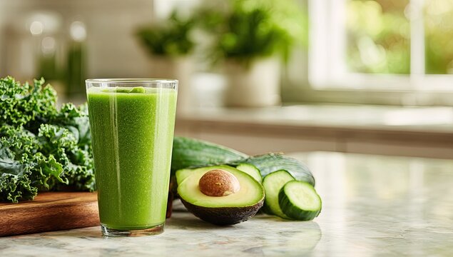 Healthy green smoothie on a kitchen counter