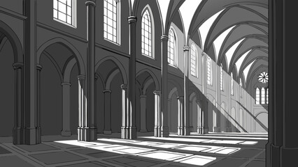 Dramatic interior view of a vast cathedral with architectural details