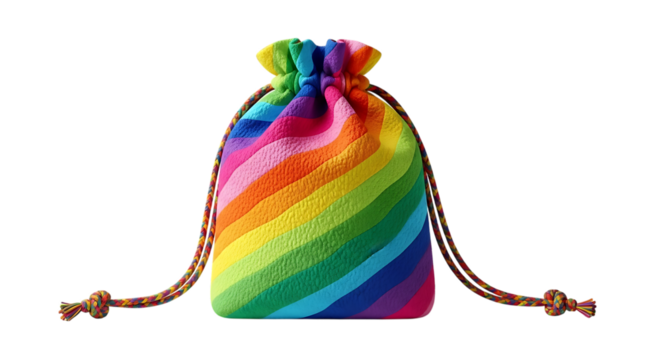 Colorful rainbow striped drawstring pouch isolated on transparent background