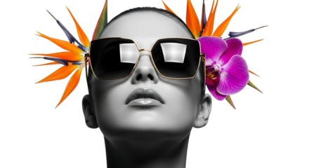 Stylish woman with sunglasses and tropical flowers isolated on transparent background