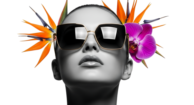 Stylish woman with sunglasses and tropical flowers isolated on transparent background